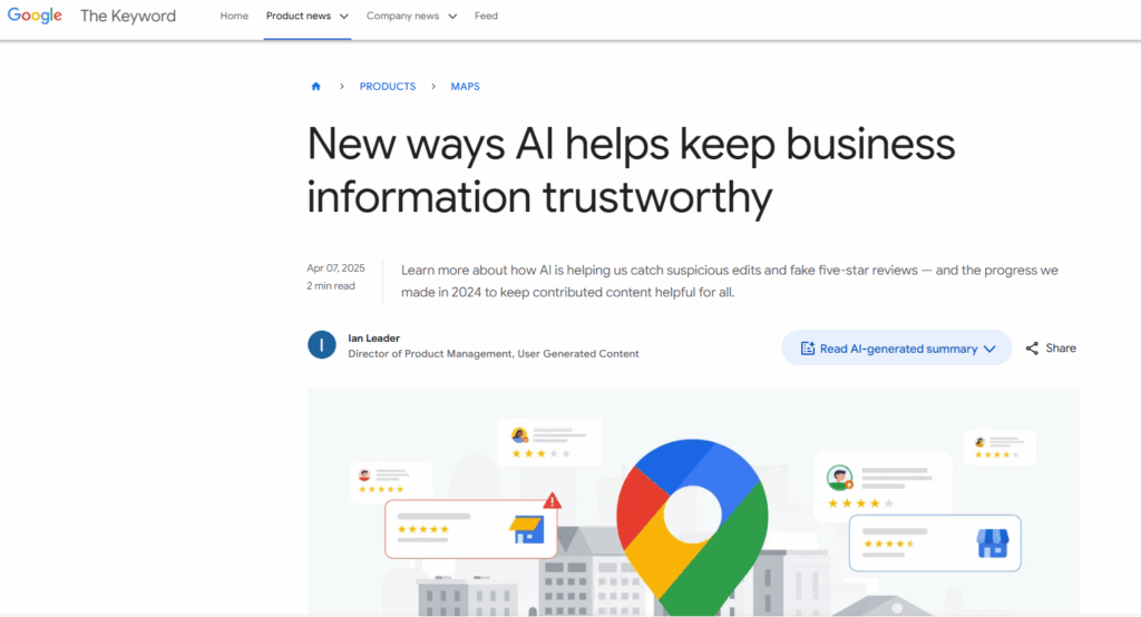 Captura del comunicado de Google sobre cómo están utilizando Gemini para el filtrado de reseñas