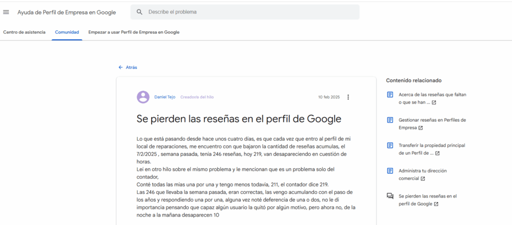 Captura del centro de ayuda para el perfil de Empresa de Google en la que un usuario indica el problema de eliminación de reseñas